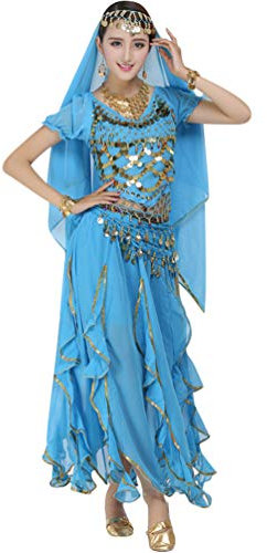 TianBin Volkstanzkostüm Tanzkostüm Bauchtanz-Kostüm Set für Damen Pailletten Top Volant-Rock (See Blau#6, One Size)