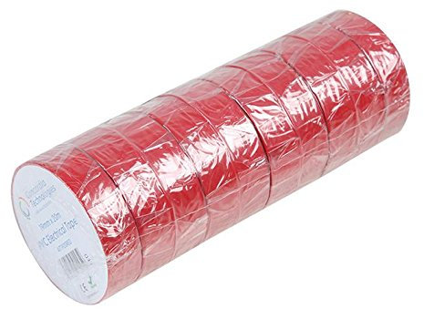 Cinta aislante roja de 19 mm x 20 m, 10 unidades, material de PVC (cloruro de polivinilo), color rojo, longitud de la cinta: 66.6 pies, longitud de la cinta: métrica 20 m, aislamiento tipo cinta,