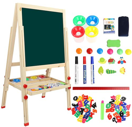 Dripex Kid’s Wooden Art Easel, Double-Sided Height Adjustable Painting Blackboard with Magnetic Accessories Chalk and Sponge for Toddlers and Kids