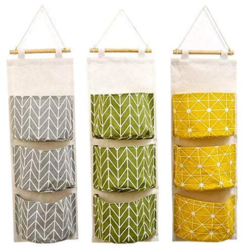 KAHEIGN 3Pcs Wall Hanging Storage Bag, 60 x 20cm Stackable 3-Layer Hanging Bag - Waterproof Linen Fabric Hanging Wide Pocket Organizer for Bedroom Bathroom Kitchen Office Wardrobe Clothes Rail