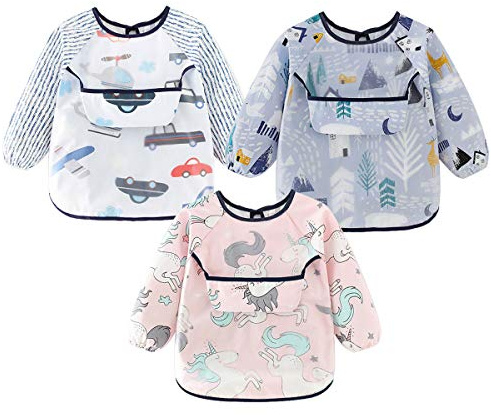 Discoball 3 Pcs Baby Bibs with Sleeves Unisex Baby Dribble Bibs - Waterproof Feeding Bibs Painting Apron Bibs Adjustable Closure with Large Pocket for Infant Toddler 6 Months to 3 Years Old