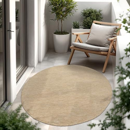 Paco Home Outdoor Teppich, Wetterfest Pflegeleicht Küchenteppich Ideal für Terrasse Balkon Garten, Flachgewebe Sisaloptik Modern Einfarbig meliert, 120 cm Rund, Natur