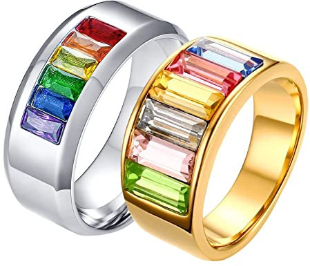 Aotiwe Paar Partnerringe Silber Gold Ringe Rechteckiger Zirkon, Bunt Zirkon Rechteck Titan Stahl Damen 62 (19.7) & Herren 52 (16.6)