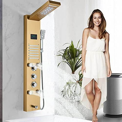 Wieoc LED regntät och vattenfall duschpanel torn massage munstycke system rostfritt stål gyllene duschkolonn