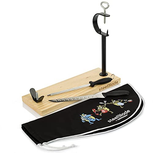 Steelblade Schinkenabdeckung Kukuxumusu + Messer und Wetzstahl-lackiertes Holz Schinkenhalter Ideal für Schinken und Schläger, Eisen mit Epoxidfarbe, 43 cm Largo x 16 cm ancho
