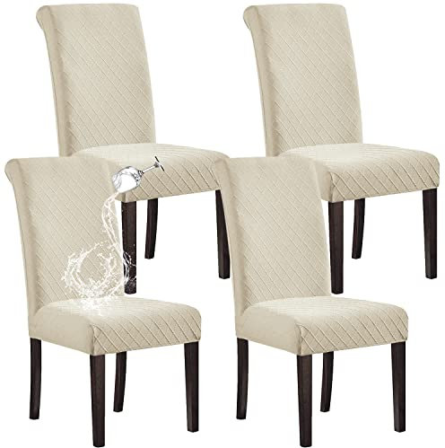 SHILV. HOME 100% Wasserdicht Esszimmer Stuhl Abdeckung - Stretch Jacquard Parsons Slipcover, Abnehmbar Waschbar Protector (Beige, Set of 4)