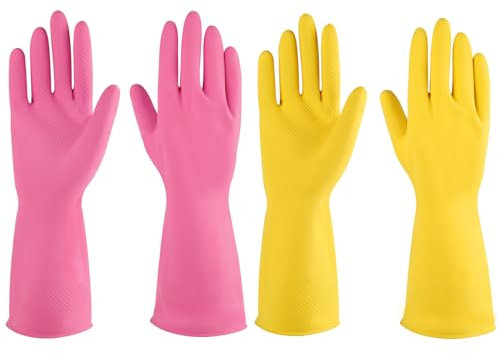 Gummi-Handschuhe, 4 Paar für die Küche, Spülmaschine, Reinigungshandschuhe für den Haushalt, wiederverwendbar. (XL, Rosa + Gelb)