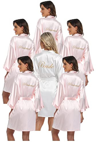 PENGEE Juego de 6 batas de satén para mujer, para boda, fiesta, novia, dama de honor, kimono, despedida de soltera, prepararse, bata de baño sedosa, Rosa y blanco, One Size