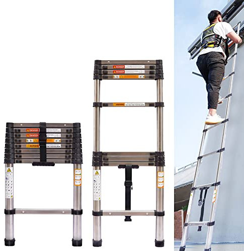 Extension Ladder, Multi-purpose Telescopic Ladder 8.5ft Telescoping Folding Ladder 9 Steps Stainless Steel for Home Office Indoor Outdoor Loft RV Use, 330lb Capacity
