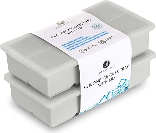 Jackson'sHome Grau Silikonformen mit Deckel – Große quadratische Eiswürfelform 8 Mulden Set mit 2 Stück – Babynahrung Pürees, Entwöhnung, Gin, Cocktails, Whiskey und Eiskaffee – BPA-frei