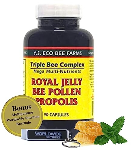 YS Organics Triple Bee Complex, Royal Jelly, Bee Pollen, Propolis - The Power of Nature Packed in 90 Capsules with Bonus worldwidenutrition Multi Purpose Key Chain