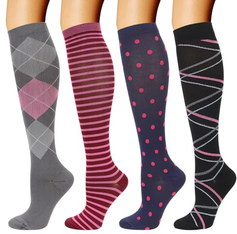 DRESHOW 4 Paar Kompressionsstrümpfe für Damen Herre Stützstrümpfe Kompressionssocken für Flug, Sport, Laufen, Radsport, Krankenschwester