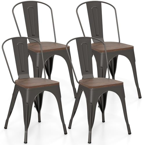 TANGZON Dining Chairs Set of 4, Stackable Steel Tolix Kitchen Chairs with Slat Backrest & Elm Wood/Hollowed Seat, Industrial Bistro Side Chair for Dining Room Restaurant Patio