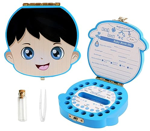 Lvjkes caja dientes de leche niño, caja dientes de leche niña, Caja de Dientes de Madera para Niños, Caja de Dientes de Bebé Guarda Recuerdos Organizador para Bebé Niños (Azul/Chico)