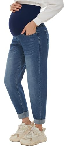 POSHGLAM Dam moderskapsjeans, över-magen, bekväm stretch, pojkvän-jeans, pösiga graviditetsbyxor, S-XXL, S