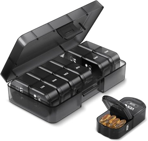 Opret Pilulier Semainier Francais Matin et Soir, Semainier Medicament 7 Jours 14 Compartiments, Grande Capacité pour Poche ou Pantalon, pour Vitamines Suppléments Médicaments Voyage (Noire)