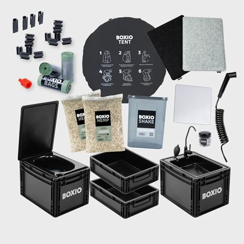 BOXIO - Sanitary Plus: Mobilt campingbadrum allt-i-ett-lösning med tält, mobilt campingtvättställ, campingtoalett, duschmunstycke, toaletttält och omfattande campingtillbehör