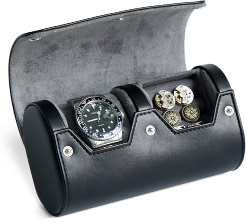 Besforu Watch Roll Travel Case, Mens Single Watch And Cufflink Box Case with Suede Lining, Portable Watch Cufflink Display Storage and Organizer to Holder Large Watch, Cufflink Travel Case For Men