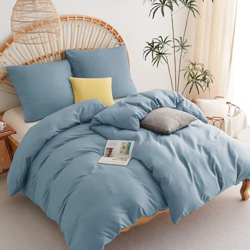 WAVVE Bettwäsche 135x200 4teilig Grau Blau - 2 Bettbezüge 135 x 200 cm mit 2 Kissenbezüge 80x80 cm, ÖKO-TEX Bettwäsche-Sets aus Mikrofaser mit Reißverschluss Weich