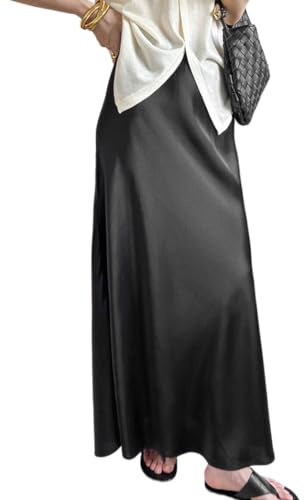 SCJJZ Jupes Femme,Jupe Taille Haute en Satin pour Femmes, Jupe Longue Noire élégante d'été (Taille L)