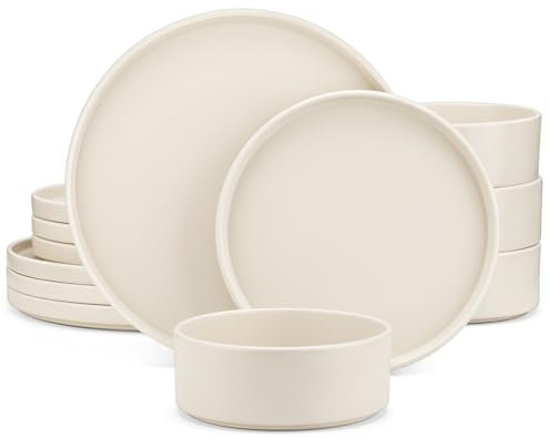 vancasso Venus Matte Dinnerware Set, 12-Piece Cream Dinner Sets, Stoneware Crockery Set with 4-Piece 10.5in Dinner Plate, 8in Dessert Plate, 720ml Bowl, Modern Style