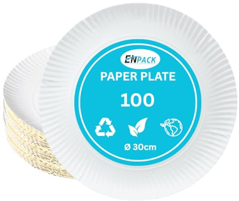 Enpack 100 Stück Einweg Teller aus Papier 30cm - Einwegteller in weiß - Pappteller Geburtstag - Einweggeschirr umweltfreundlich & nachhaltig - Einmal Teller für Partys - bio plates