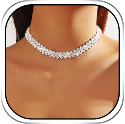Handcess Collier ras du cou en strass Colliers en cristal argenté Collier de mariée Bijoux pour femmes