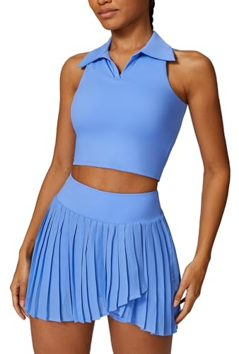 OBEEII Damen Tenniskleid Ärmelloses Sport Shirt und Faltenrock Trainingskleider Athletic Outfits Fitness Yoga Work Out Golf Tennis Kleidung Set Blau S