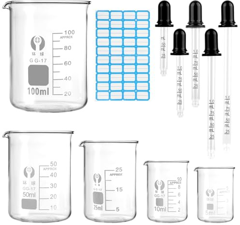 5 vasos medidores pequeños de 100 ml, 50 ml, 25 ml, 10 ml, 5 ml, vaso de precipitado con escala de medición, cristal de borosilicato, mini vaso medidor con gotero graduado y etiqueta adhesiva para
