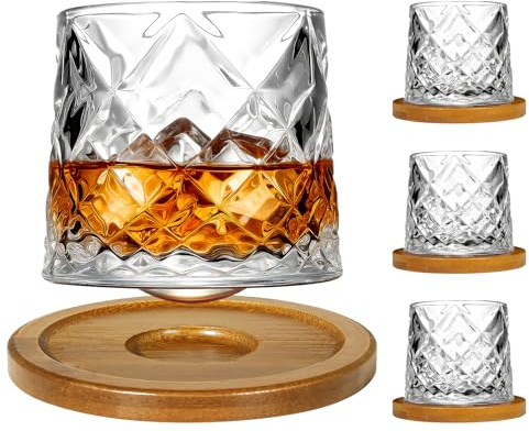 Rotatable Old Fashioned Crystal Whiskey Glass Set of 4, 275ml/10oz With Wood Coaster - Thickened for Rum, Cocktails, Coffee, Milk - Relax and Reduce Stress