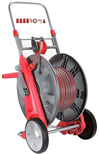 Carrello avvolgitubo da giardino resistente con rulli, per uso esterno, retrattile, con pistola ad acqua, portatile e robusto