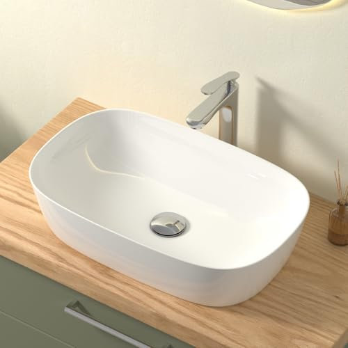 CASAMO Aufsatzwaschbecken Oval mit Lotus- Effekt, Waschtisch für Gäste-WC & Bad, Waschbecken ohne Hahnloch, elegante Waschschale, Weiß Hochglanz, 60 x 39 x 14,5 cm