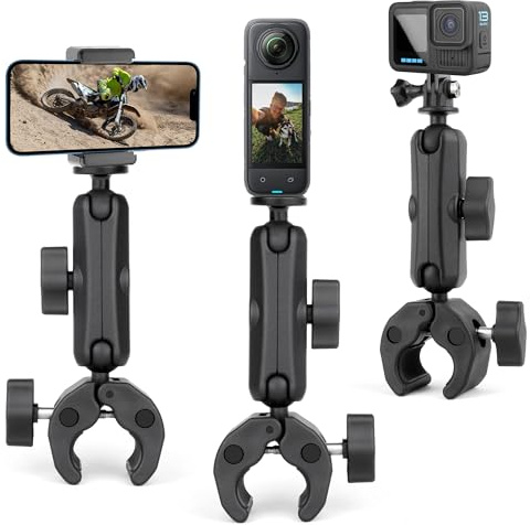 SOONSUN Super Clamp Mount with Dual 360° Ball Heads & Phone Holder, Heavy-Duty Camera Clamp Mount for GoPro Hero 13 12 11 10 9, Insta360, DJI Osmo, DSLR, Smartphones & Action Cameras