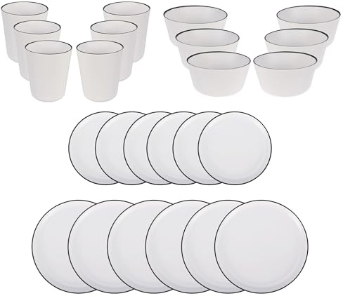 Geschirrset 24-teilig - Bruchsicheres Camping-Geschirr Set aus Melamin - wieder verwendbar - spülmaschinengeeignet (24-tlg. Set (6x Becher/Teller/Schalen/Speiseteller)