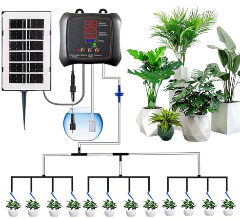 Automatische Bewässerung, 12/16 Tropfer Solar Bewässerungssystem Balkon Bewässer-Timer/Intervall Einstellbar, DIY Smart Bewässerung Balkon 2000mA, für Innen/Autdoor Pflanz (12 Topf)
