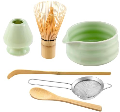 Yumzxin 6Pcs Japanese Matcha Tea Set Kit - Traditional Bamboo Whisk (Chasen), Scoop, Spoon, Stainless Steel Sifter, Ceramic Bowl & Holder - Complete Accessories