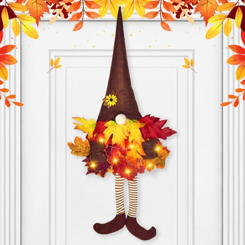 Skeadex Türkranz Herbst, 70cm Wichtel Herbstkranz Haustür mit Lichterkette & Ahornblatt Herbstdeko Tür mit LED Licht Batteriebetrieben Zwerg Türdeko Herbst Deko für Haustür Wand Außen (A)