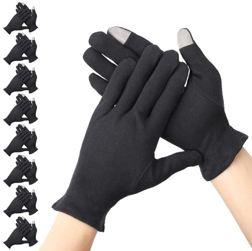 Segbeauty Guantes Algodón para Pantalla Táctil, 8 Pares Negros Guantes de Algodón para Dermatitis, con Pulseras Elásticas, para Dormir Durante la Noche Curar Eczema (L)
