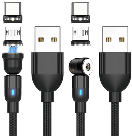 2PC Magnetic Charging USB-C Cable, 18W 540° Rotating 3-in-1 Phone Charging & Data Transfer Type C Charger Braided Cable for Samsung/Micro USB Devices (1M+2M)