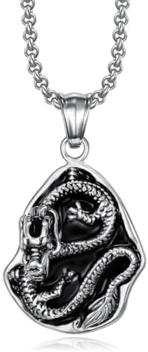 Fachoice Chinesischer Drache-Totem-Anhänger für Männer Antike Sternzeichen-Drachen-Halskette Chinesischer Tierschutz-Schmuck fur Herren (Silber)