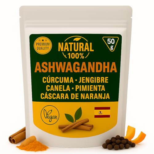 Infusión de Ashwagandha Ecológica | Cúrcuma | Jengibre | Canela | Pimienta negra | Cáscara de naranja |Estado de Ánimo | Reduce estrés | Aporta Energía Natural | Antiinflamatorio (PEQUEÑO 50 G)