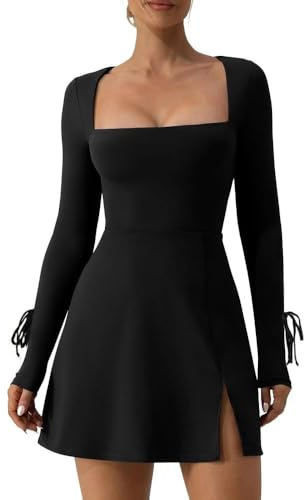 XFSRG Vestito Donna Elegante Maniche Lunghe Slit con Scollo Quadrato Sexy Bodycon Abito Moda Slim Miniabito da Festa Cocktail Party(Nero/L)