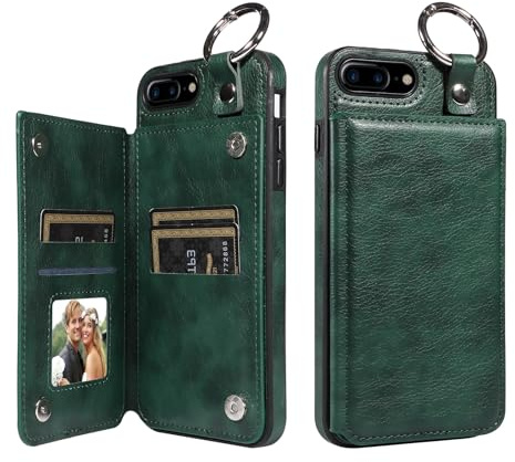 Telefonskyddsfodral kompatibelt med iPone 7 Plus/8 Plus plånboksfodral PU-läderkortfickor Bakre skal ring, dubbla magnetlås och slitstarkt stötsäkert fodral(Ye?il)