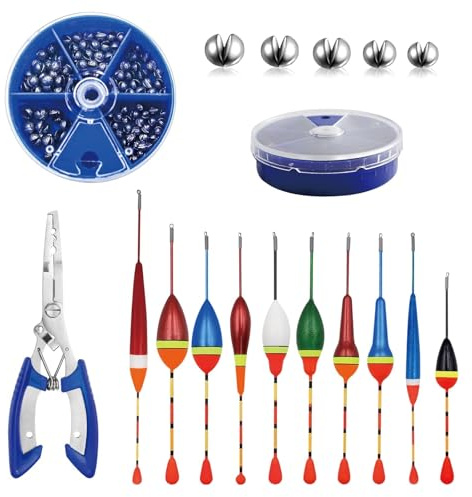 MmotZsb Posen Angeln, 10 Stück Angelzubehör Set mit 205 Stück Angelblei in 5 Größen, 1 Angelzange, angelzubehör Forelle, Posen Set für Verschiedene Fischgrößen in Seen oder Teichen
