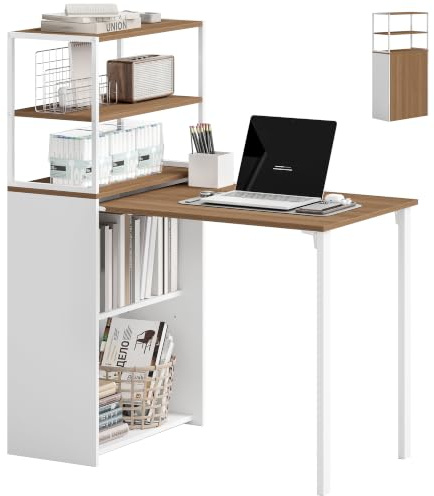 HOMCOM Escritorio Plegable con Estantería Estudio 105x60x127 cm Natural | Mesa de Escritorio con 4 Estantes, Mesa de Ordenador para Espacios Pequeños, Oficina en Casa