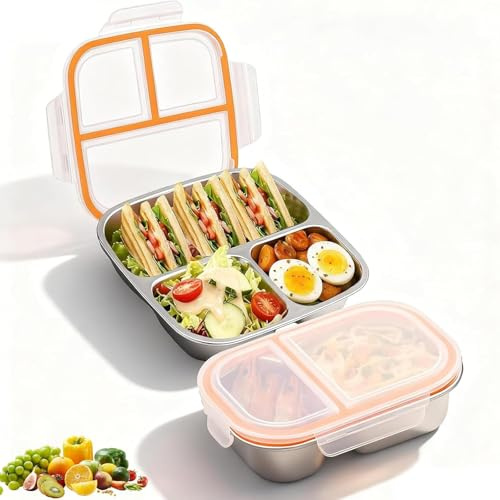 EALRIDV 2 Stück Snackbox Edelstahl, 1400ML Brotdose mit 3 & 2 Fächern, Snackdose Leckdichte für Kinder & Erwachsene, Bento Box mit Deckel für Sandwiches Salate und Dipping, Spülmaschine, Backofen