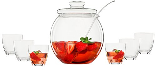 Bohemia Cristal 093 006 146 Bowleset 9 teilig, 1 Bowlekörper ca. 4,5 ltr. mit Deckel aus hitzebeständigem Borosilikatglas + 6 Becher ca. 300 ml aus Kristallglas