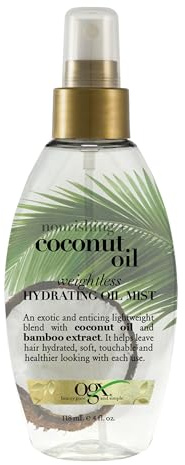 OGX Nourishing + Coconut Oil Weightless Hydrating Oil Hair Mist, Lightweight Leave-In Hair Treatment with Coconut Oil & Bamboo Extract, Paraben & Sulfate Surfactant-Free, 4 Fl Oz