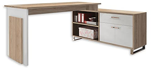 Stella Trading Eckschreibtisch in Eiche Sonoma Optik, Weiß - Moderner Bürotisch Computertisch mit großer Arbeitsfläche und Sideboard - 140 x 76 x 65 cm (B/H/T)