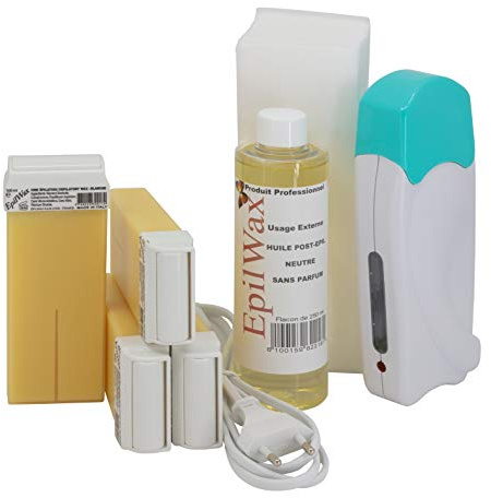 EpilWax Complete Epilation Kit mit: Professionellem Wachswärmer 4 Roll-On Wachs 100 ml Vanille, 100 Epilierstreifen, 1 Flasche mit 250 ml Öl nach der Epilation (Solo Serie Vanille 4)